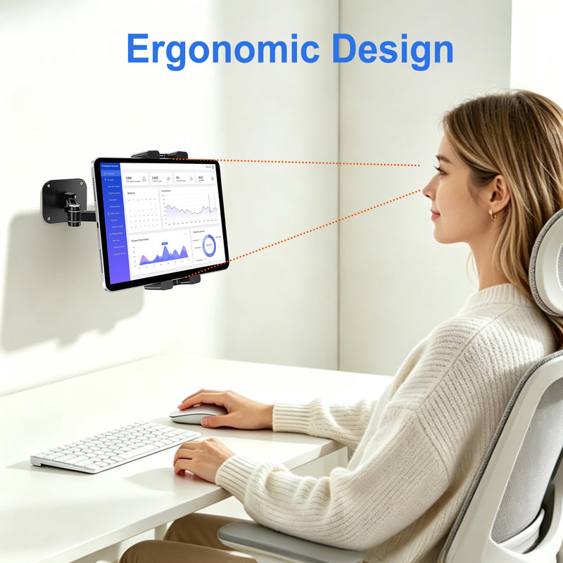 Aluminium iPad Wall Mount Holder, Adjustable for 4.7-17.3" Devices | Foldable Arm, 360° Rotation, Extendable. Fits iPad Pro/Air/Mini, Galaxy Tab & All 4.7-17.3" Phones/Tablets