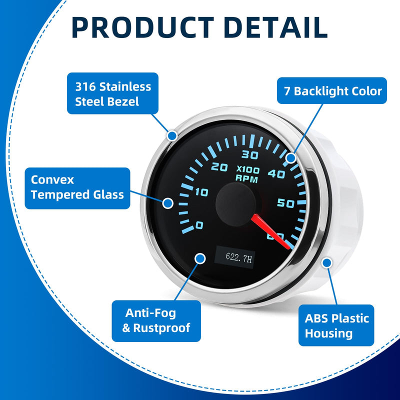 MH Tachometer 2-1/6" 52mm 6000 Tach Boat RPM Gauge 7 Color Waterproof for AUTO Car Truck Marine（Black & Sliver）