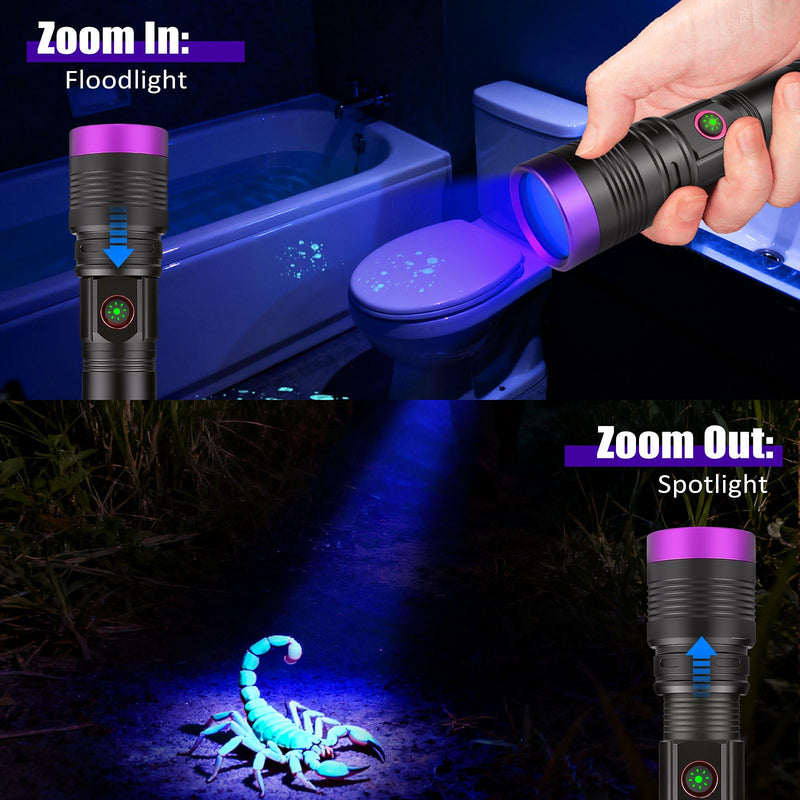 WINDFIRE 365nm UV Flashlight, Rechargeable Blacklight Flashlights Powerful, Adjustable Focus Black Light for Pet Urine Detection, Resin Curing, Rocks, Scorpions, Blood Tracking, Uranium Glass