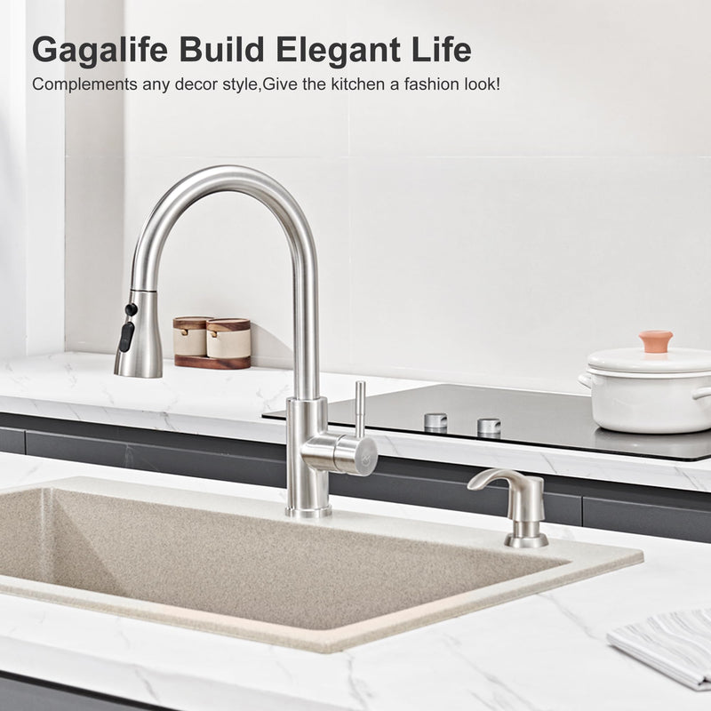 GAGALIFE Kitchen Sink Soap Dispenser with Large Bottle (Brushed Nickel), Built in Sink Soap Dispenser Refill from Top G080BN Brushed Nickel