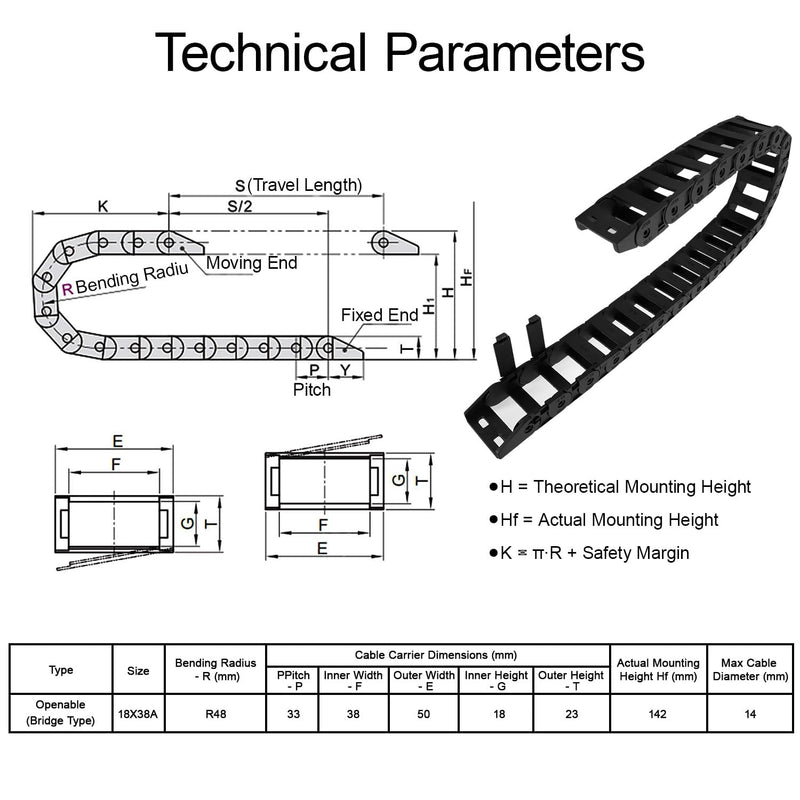 Pack of 2, R38 18mm x 38mm(Inner H x Inner W) Black Plastic Cable Wire Carrier Drag Chain 1M Length for CNC, with End Connectors - Bridge Type (Inner Side openable) 18*38A(2pc） Openable(Bridge Type)