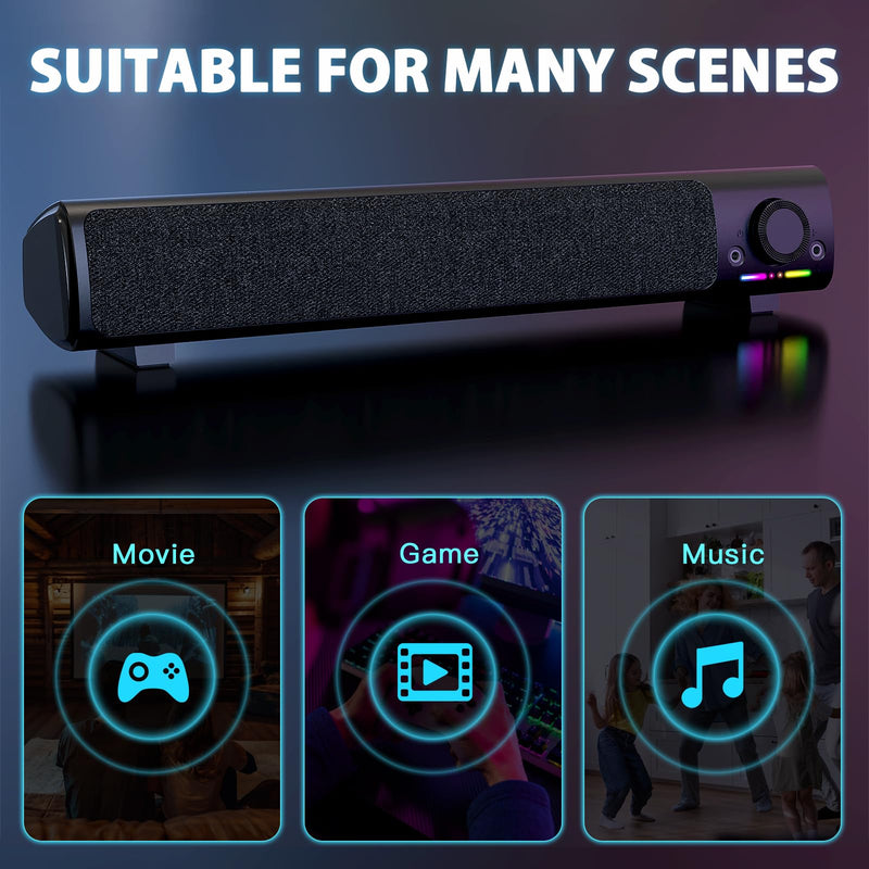 Computer Speakers, USB Powered 3.5mm AUX PC Sound Bar for Desktop Monitor, Gaming Speakers with Headphones & Microphone Link, Superb Stereo Sound, Plug-n-Play (Black) Black