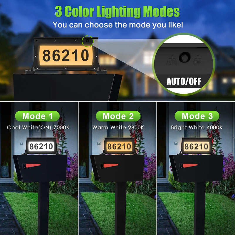 Solar Address Sign, 3 Colors-in-1 Waterproof Mailbox Number Plaque for Outside, Double-Sided Light-Emitting Mailbox Topper, House Numbers for Outside (No-drilling Option Available) Black