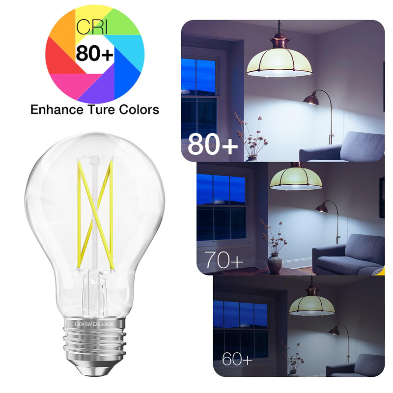 DAYBETTER 12 Pack A19 Vintage LED Edison Bulbs, 60W Equivalent Dimmable LED Bulbs, High Brightness 5000K Daylight, 800 Lumens, 8W E26 Standard Base, Ultra-Bright, CRI80+, Clear Glass Filament Bulb Daylight White 5000k