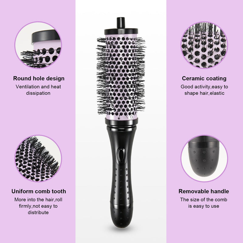 Round Hair Brush Set Detachable Handle Hair Roller Brush 3 Sizes Round Hair Brush for Blow Drying with 6 Positioning Clips,6 Barrels 1 Handle () Purple