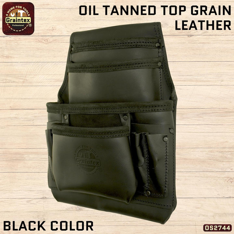 Graintex OS2744 10 Pocket Nail & Tool Pouch Top Grain Oil Tanned Leather for Framers, Constructors, Electricians, Plumbers, Handyman