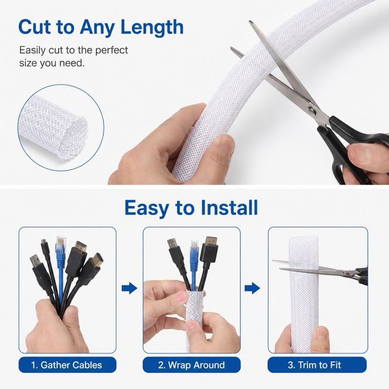 Cable Sleeve, 6.56ft Cable Management, Desk Cord Cover Organizer Wire Hider for Computer TV Wire Loom Tubing, Pet Proof Cord Protector from Cat Dog Chewing (6.56FT,White) White