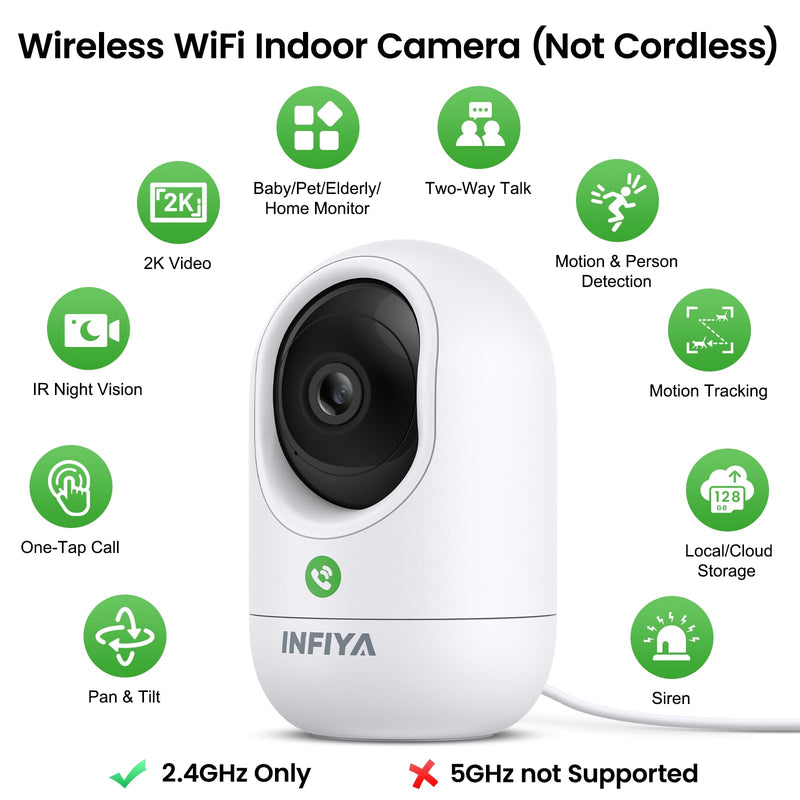 2K Security Camera Indoor-360 Cameras for Home Security and One-Tap Call, Elderly/Cat/Baby/Nanny, Motion Alert, Intelligent Tracking, 2.4GHz WiFi Only, Work with Alexa/Google Home, K7 2Pack 2.4G-2K-2pack