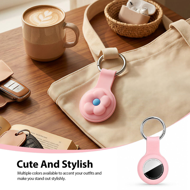 Linsaner Silicone Case Compatible with AirTag, Pink+Pink Flower | Cute 3D Cartoon, Shockproof, Keychain Cover, Kawaii, Tracker Holder, Key Ring, Kids Backpack, Purse, Keys E8-Pink+Pink Flower