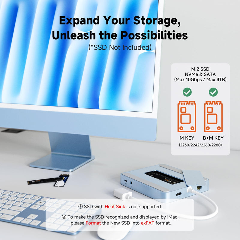 Minisopuru DS802PRO iMac Docking Station for 24 inch iMac M1/M3/M4/M5, Blue | iMac Hub with Max 4TB M.2 SSD Enclosure, 4K@60Hz HDMI, USB-C Charging, 2.5GbE, 10Gbps Data, 4 USB, SD/TF, Audio for 24" iMac.