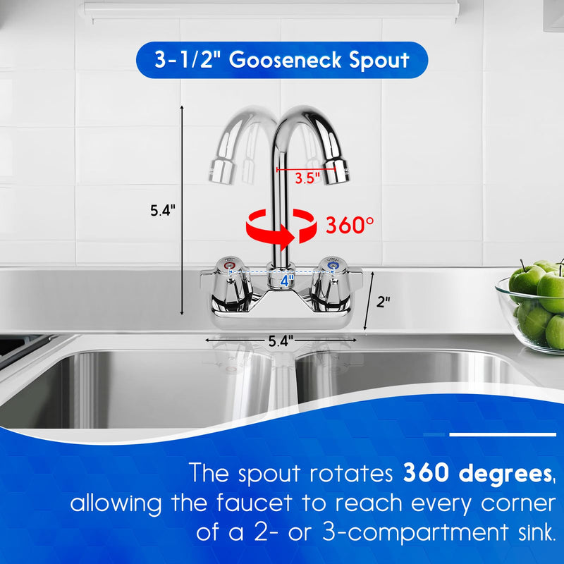 Leak-Free Commercial Hand Sink Faucet with Ceramic Valve, 4 Inch Center Wall Mount Kitchen Faucet with 3-1/2" Swivel Gooseneck Spout & Dual Knobs for Bar Restaurant Laundry, Brass Constructed