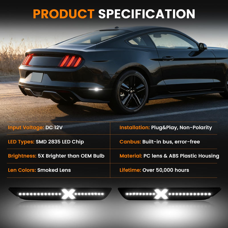 D-Lumina X-Style LED Side Marker Lights for Ford Mustang 2015-2023 Rear White Fender Marker Reflectors Lamps Smoked Lens, 2PCS Parking Lamps, Side Bumper Lights [Patent Pending]