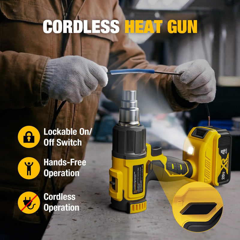 Cordless Heat Gun for De-WALT 20V MAX Battery, 7Pcs Nozzles&Scraper, LED Light, 350W Fast Heating Soldering Hot Air Gun, 2-Temp Setting Max 990℉(532℃), Heat gun for Shrink Tubing, Crafts (Tool Only) Yellow (Battery and Charger Not Included)
