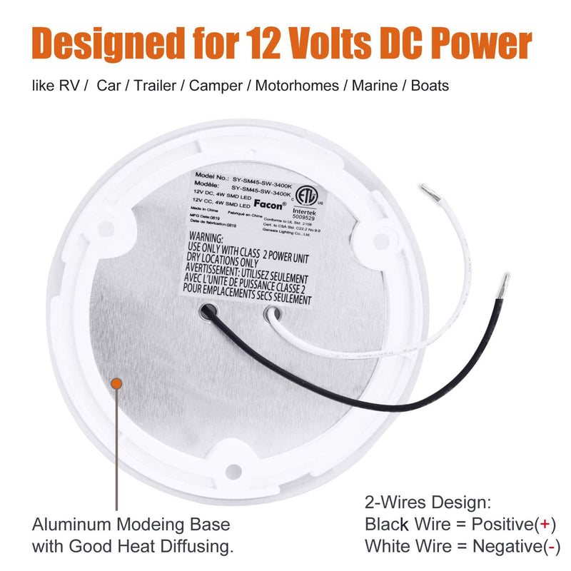 Facon 4-1/2'' LED RV Puck Light, 2-Packs Slim Surface Mount Ceiling Dome Light with Switch, 12V DC Interior Light for RV Camper Trailer Motorhome, 3400K Warm White Dia: 4.5Inch, 2Packs 3400K Warm White Light