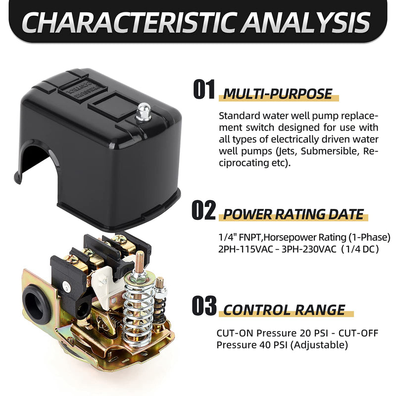 MEANLIN MEASURE MPS2040 Water Well Pressure Control and Port Air Compressor Pressure Switch, 20-40 PSI Pressure Setting, 1/4" Female NPT,Adjustable Differential, Tank Water Pump Control Valve Black 20/40Psi Pressure Switch