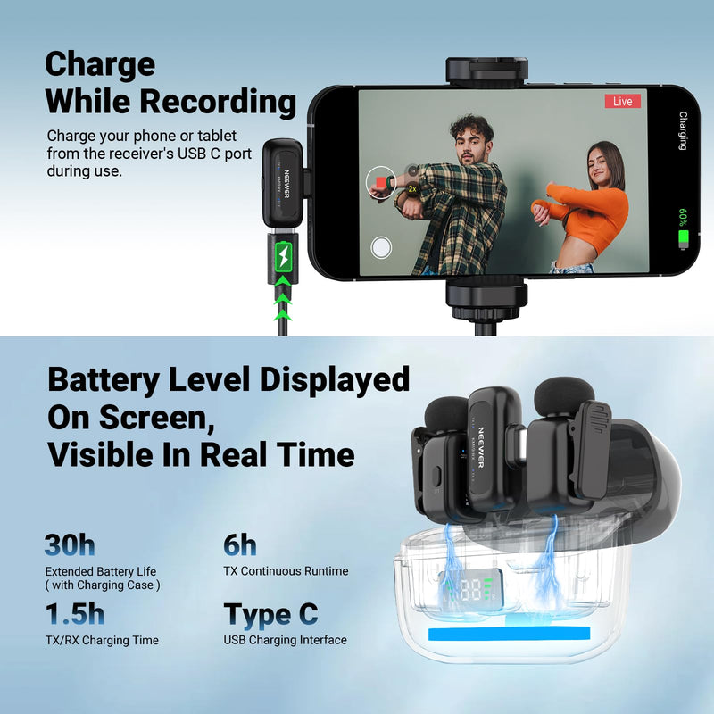 NEEWER KM19 Mini Lav Mic Compatible with iPhone 17 16 15, Black | Noise Canceling Wireless Lapel Microphone with App Control, 30h Battery, 100m Range, Compatible with iPhone Android PC