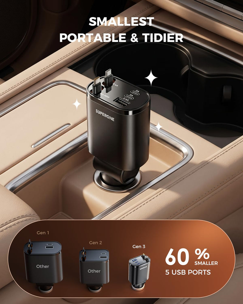 5 in 1 Retractable Car Charge with Dual Type C Cables | 90W Fast Charging Car Charger, Ultra-Compact USB C Car Accessories Adapter, for iPhone 17/16/15/14/13/12, Galaxy, iPad, Black