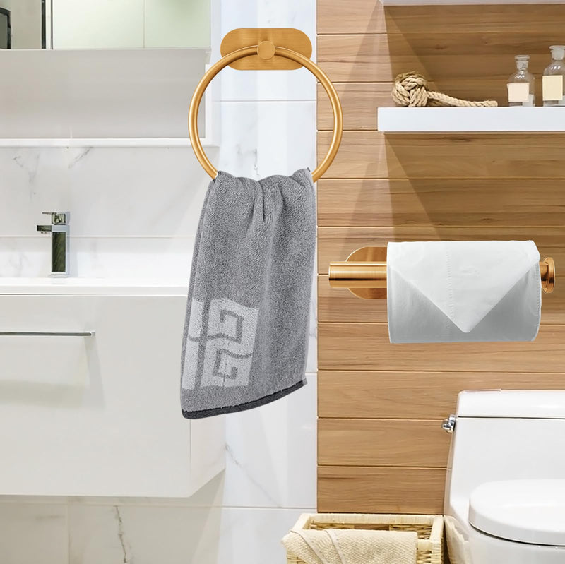 Self Adhesive Towel Ring and Toilet Paper Holder, No Drilling Stainless Steel Bathroom Hardware Set, Sturdy Bathroom Accessories for Home or Kitchen, Wall Mounted (Gold) Brushed Gold
