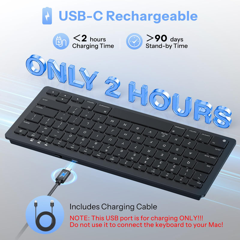 OMOTON Wireless Keyboard for Mac, USB-C Rechargeable, Bluetooth ONLY | No Number Pad, Ergonomic Tilt, 14 macOS Hotkeys, For Backpack Travel Home Office, for MacBook/iMac/Mac mini/Neo, Ink Black
