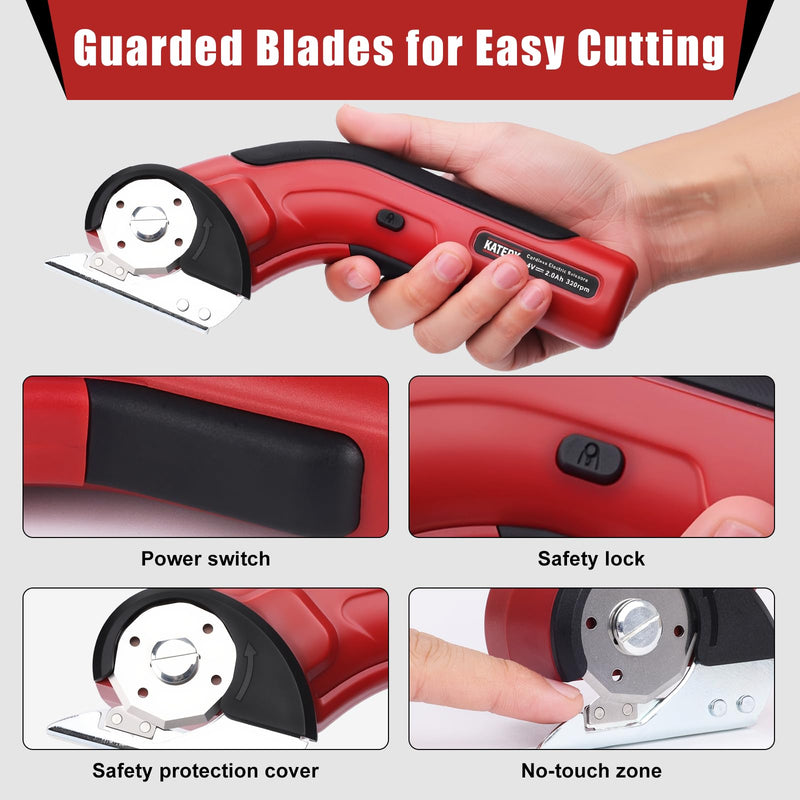Katerk Electric Cardboard Cutter 4.4V, Cordless Electric Scissor with 2pcs Self-Sharpening Blade USB Rechargeable Safety Lock, Power Rotary Box Cutter for Fabric, Carpet, Plastic