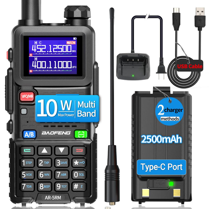 BAOFENG Radio 5RM 10W Ham Radio Long Range Handheld (Upgrade of UV-5R) AR-5RM Two Way Radio NOAA Weather Receiver Rechargeable Walkie Talkies UV5R, Copy Frequency 999CH with Type C Charging Battery