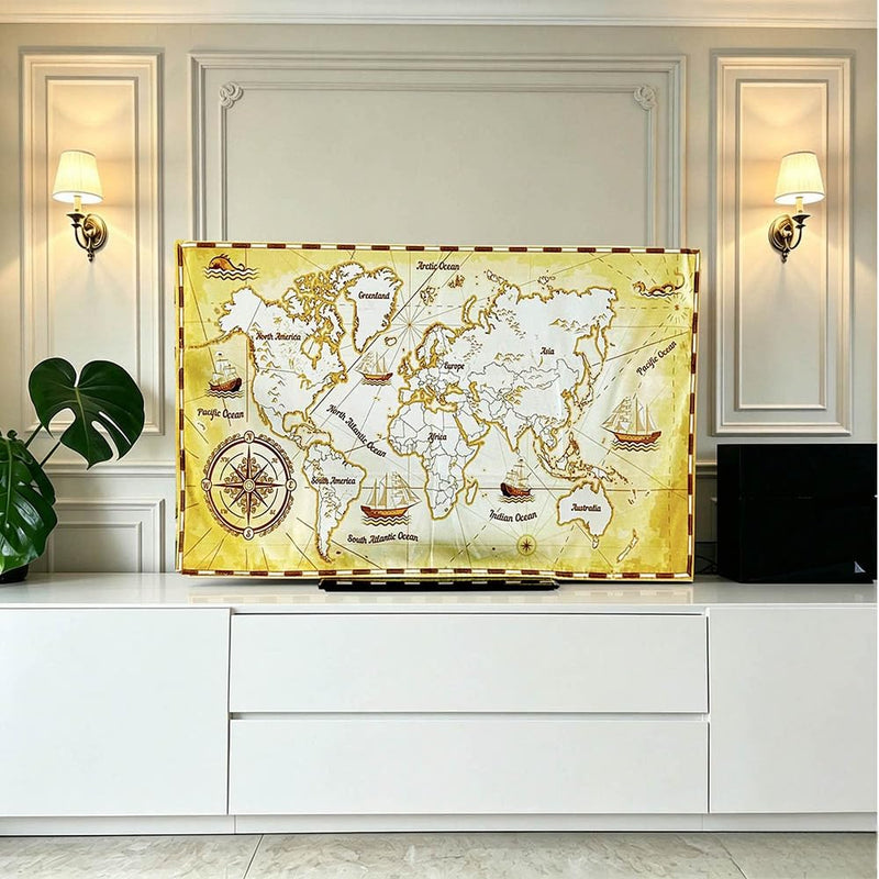 Retro World Map Print Indoor TV Dust Proof Cover Soft Suede Fabric Slipcover Protection Screen Display From Scratches, Dirts, Fingerprint, Sunlight, 43in
