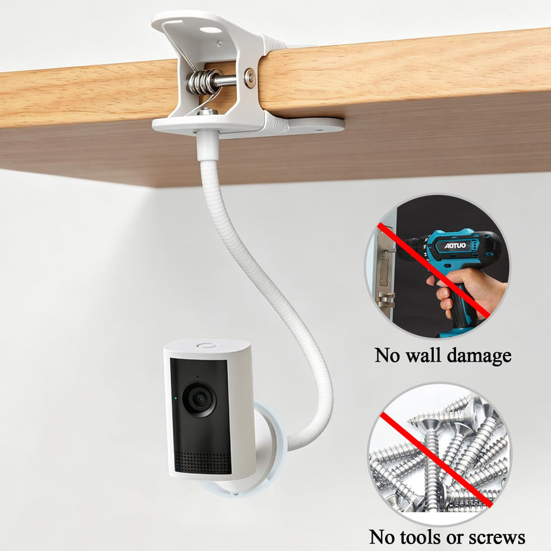 2 Pack Clip Mount Compatible with Ring Indoor Cam Plus/Pan-Tilt Indoor Cam | No Drill Adjustable Flexible Clamp Stand Bracket, 1/4" Threaded Holder for Desk, Crib, Nursery, Shelf, Pillar, White