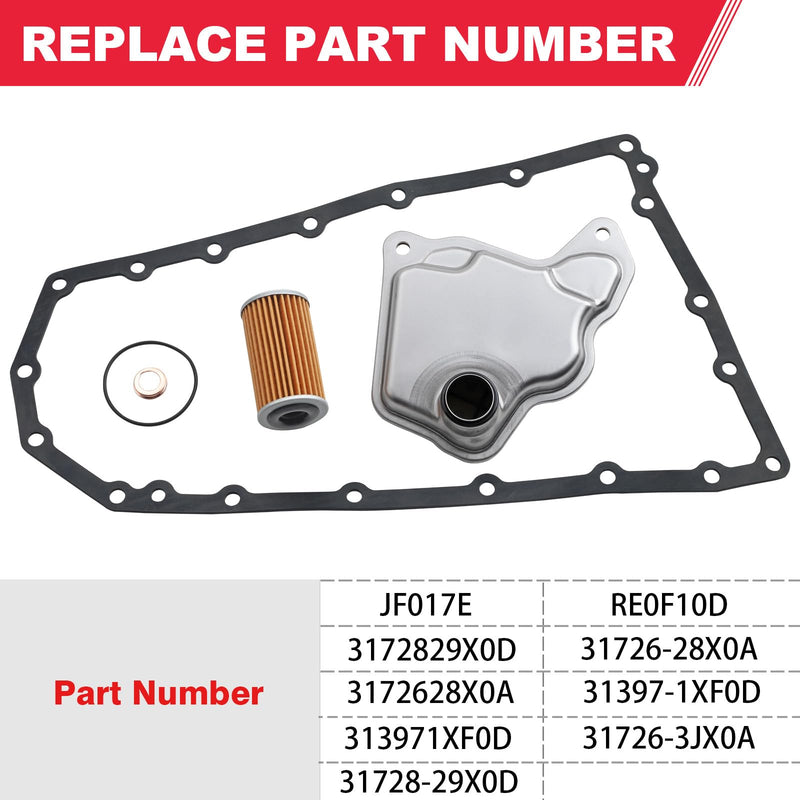 RE0F10D JF017E Transmission Filter Oil Pan Gasket Kit Fit for Nissan Altima Maxima Quest Murano Pathfinder Infiniti Qx60 Replaces# 31728-29X0D 31726-3JX0A 31726-28X0A