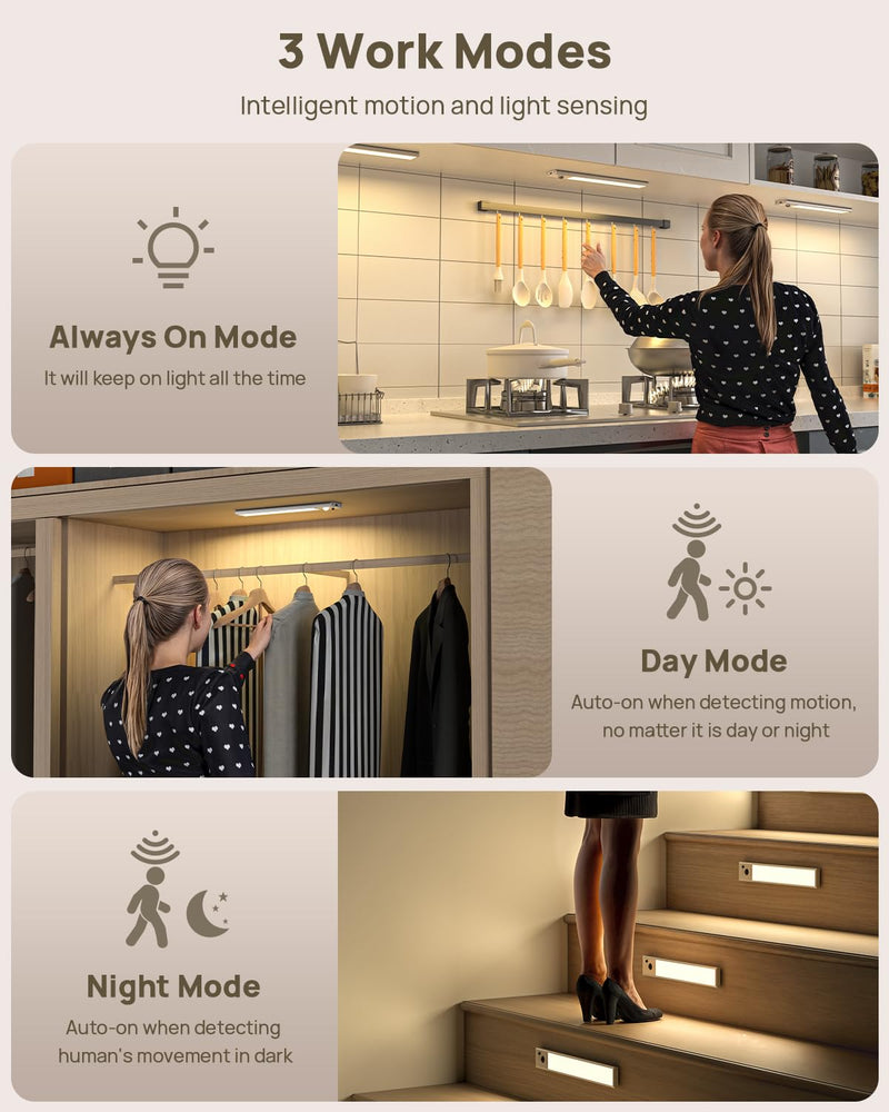 Under Cabinet Lighting with Remote Control,USB Rechargeable 180 Lumen LED Motion Sensor Light Indoor,Wireless Under Counter Light,3 Color Dimmable Closet Light for Bedroom,Wardrobe,Stairs,4 Pack White-9 Inch 4 Pack