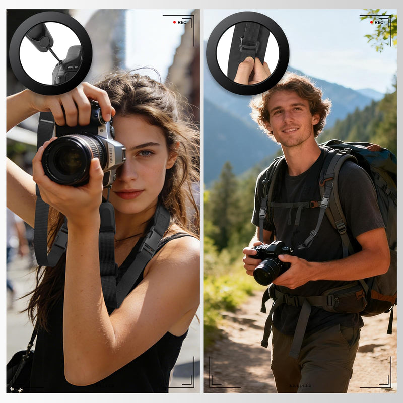 YFWE Adjustable Camera Neck Strap, Soft Neoprene Shoulder Belt with 4 Connection Ways, Anti-Slip Camera Strap for DSLR, Mirrorless & Camcorder, Travel & Outdoor Photography Gear Black