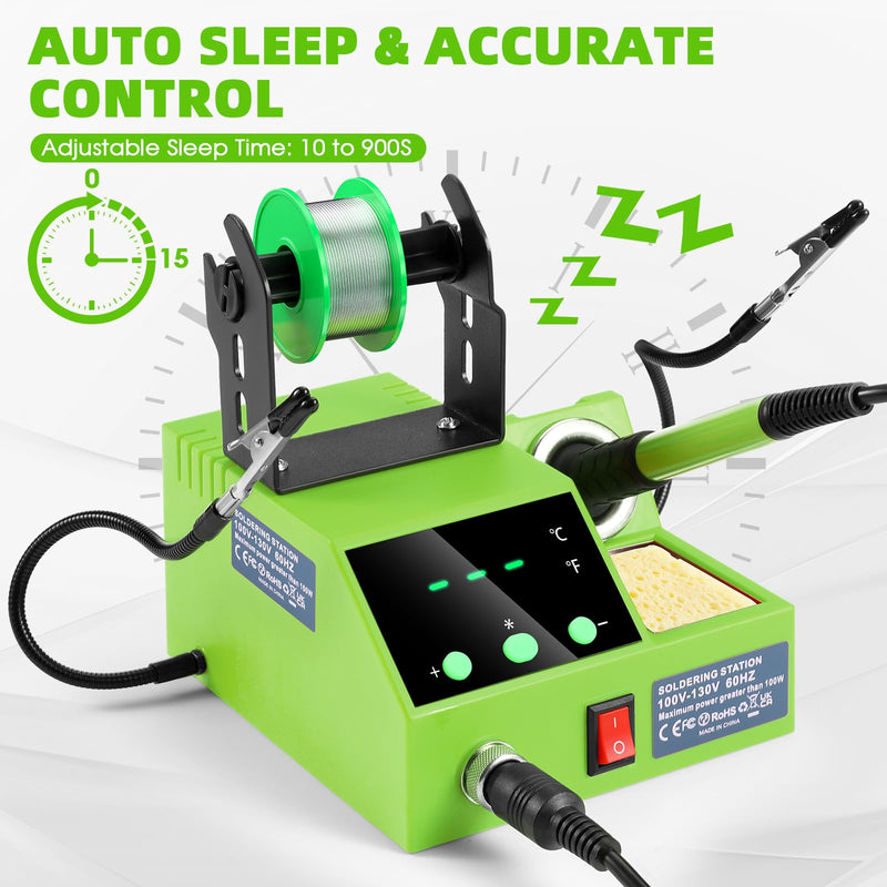 Soldering Station, 100W Digital Display Soldering Iron Station Kit with 2 Helping Hands, 356°F - 896°F, Auto Sleep, °C/°F Conversion, Solder Wire, Tips, Stand, Pump, Tweezers, Tip Cleaner, Green 938-green