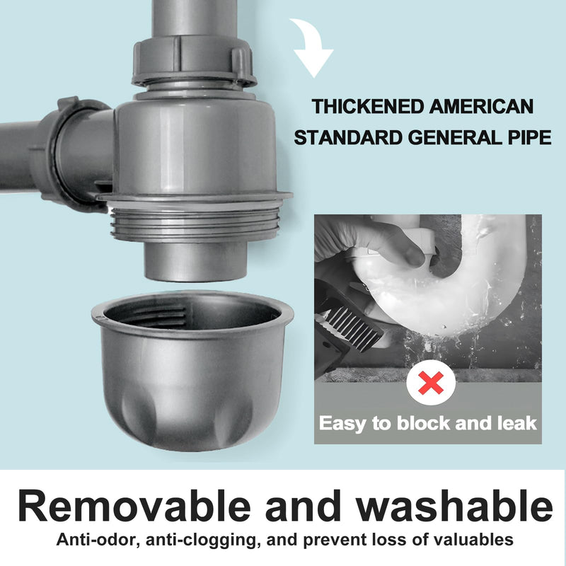 1 1/2" Sink Drain Kit P-Trap Drain Strainer Adjustable Height with 3-1/2" Kitchen Sink Drain Assembly Kit 304 Stainless Steel for Single Kitchen Sinks Bar Sinks and Laundry Sinks Gray