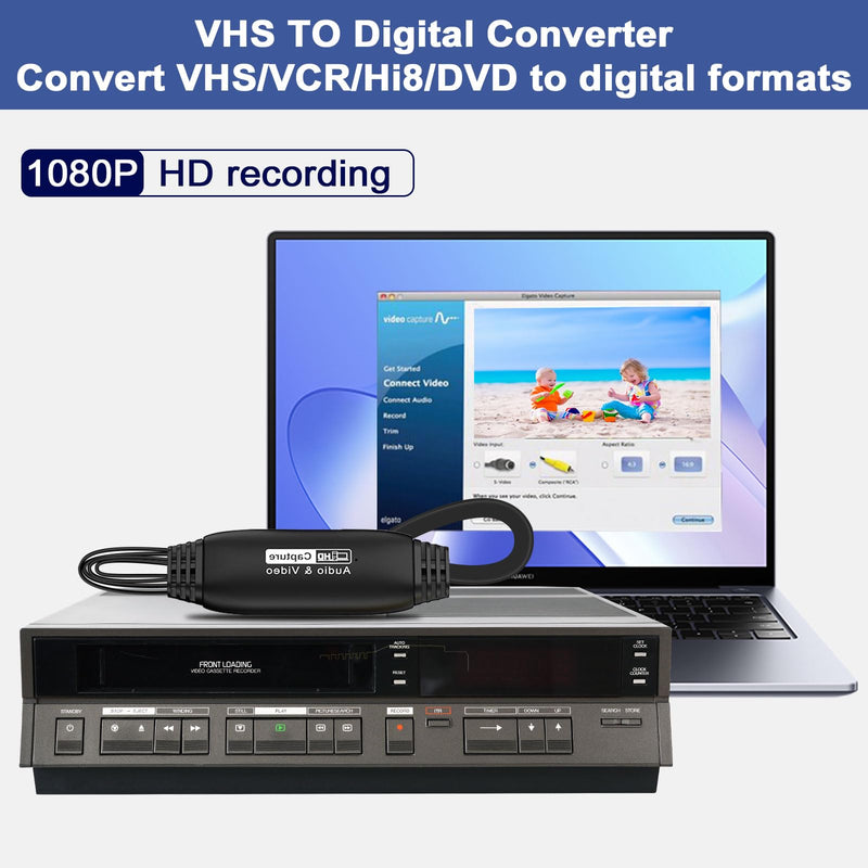 VHS to Digital Converter 1080P,USB Video Capture Card Device,RCA to USB,Video Converter for VHS VCR Hi8 Mini DV to Digital,for Tape Player Camcorder PC TV DVD Mac OS Windows