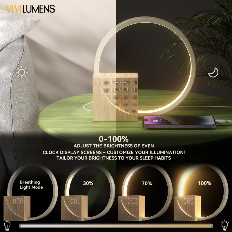 Vivilumens Sunrise Alarm Clock for Heavy Sleepers Adults, Wake-up Light, Sleep Aid 10 White Noise Sound Machines with 30/60/90 Timer, 3 Level Dimmable Touch Table Lamp with Snooze USB Charger Port Wood Grain