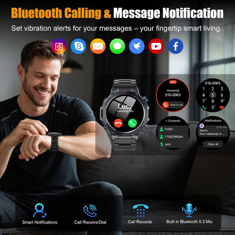 Jugeman Military Smart Watch for Men with Dual-Band GPS, 5ATM Waterproof, 1.43" AMOLED Fitness Watch with Bluetooth Call, Heart Rate Blood Oxygen Sleep Monitor, 160+ Sport Smartwatch for Android iOS Black