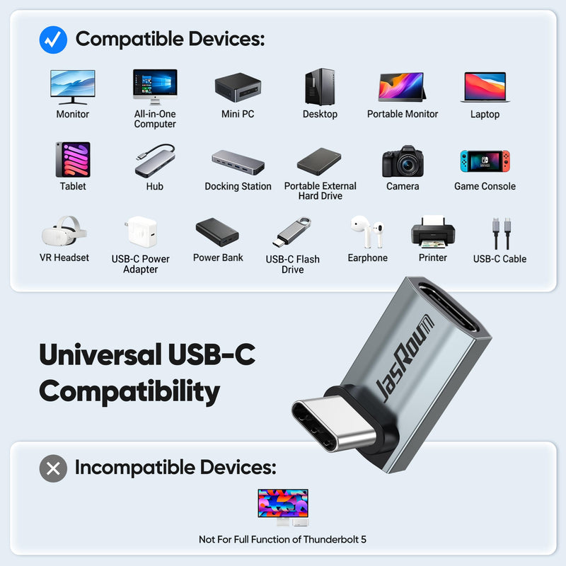 90 Degree USB C Adapter Flat 2Pack, 40Gbps/240W Thunderbolt4 Right Angle | 8K@60HZ Video Type C Male to Female USB4 Extender Adapter Kit for Steam Deck, Switch 2, ROG Ally, Laptop, Docking, Quest 3 90 Degree