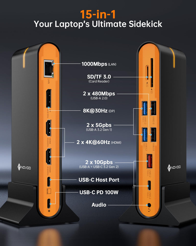 NOVOO 15-in-1 Vertical/Horizontal USB C Docking Station Triple Monitor – 8K@30Hz DP, Dual 4K@60Hz HDMI, 10Gbps USB-A/C, SD/TF, 1Gbps Ethernet,Dual Monitor Adapter Dock for MacBook, Windows Laptops 15 in 1