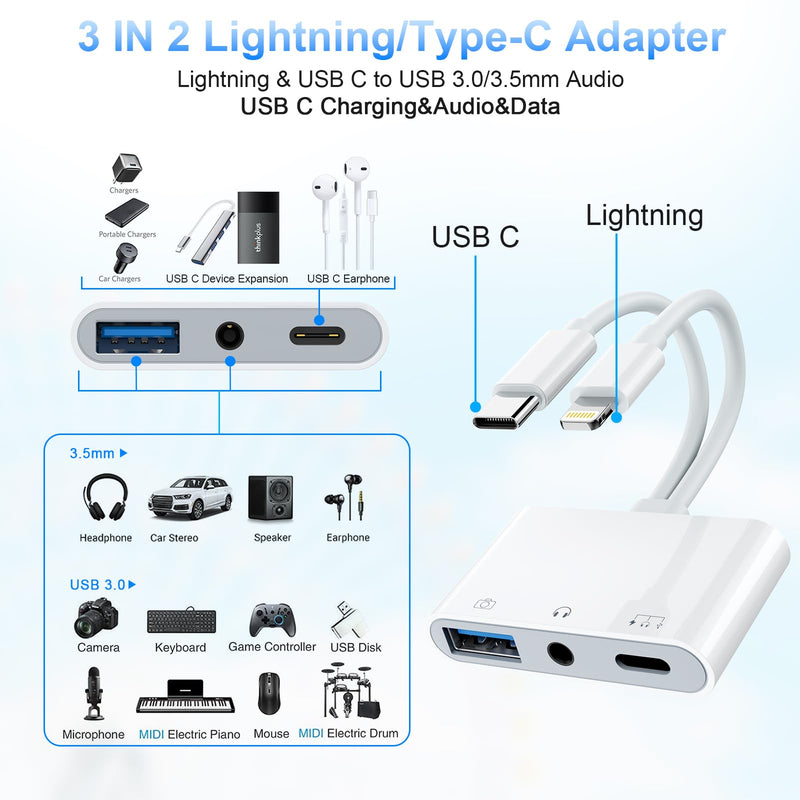 USB C Lightning to USB Camera Adapter with Charging Port [MFi Certified] USB C to USB OTG Adapter with USB+USB C Charging+3.5mm Headphone for iPhone 15/iphone/iPad to USB Flash Drive Reader/Keyboard USB Camera Adapter 1