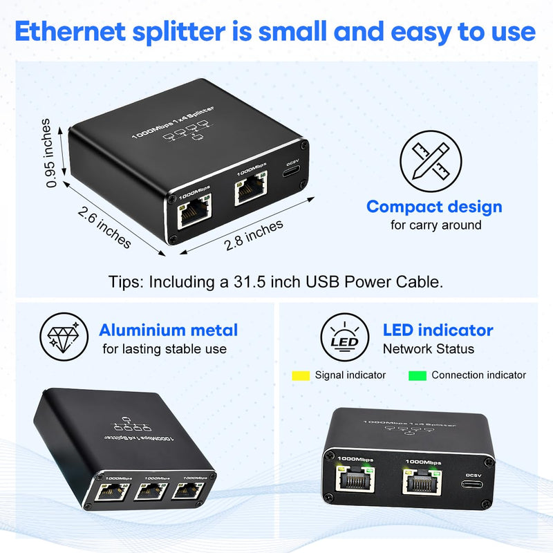 Upgrade Ethernet Splitter 1 to 4 High Speed 1000Mbps RJ45 Internet LAN Splitter [4 Devices Simultaneous Networking] with USB Power Cable for Cat5/5e/6/7/8 Cable