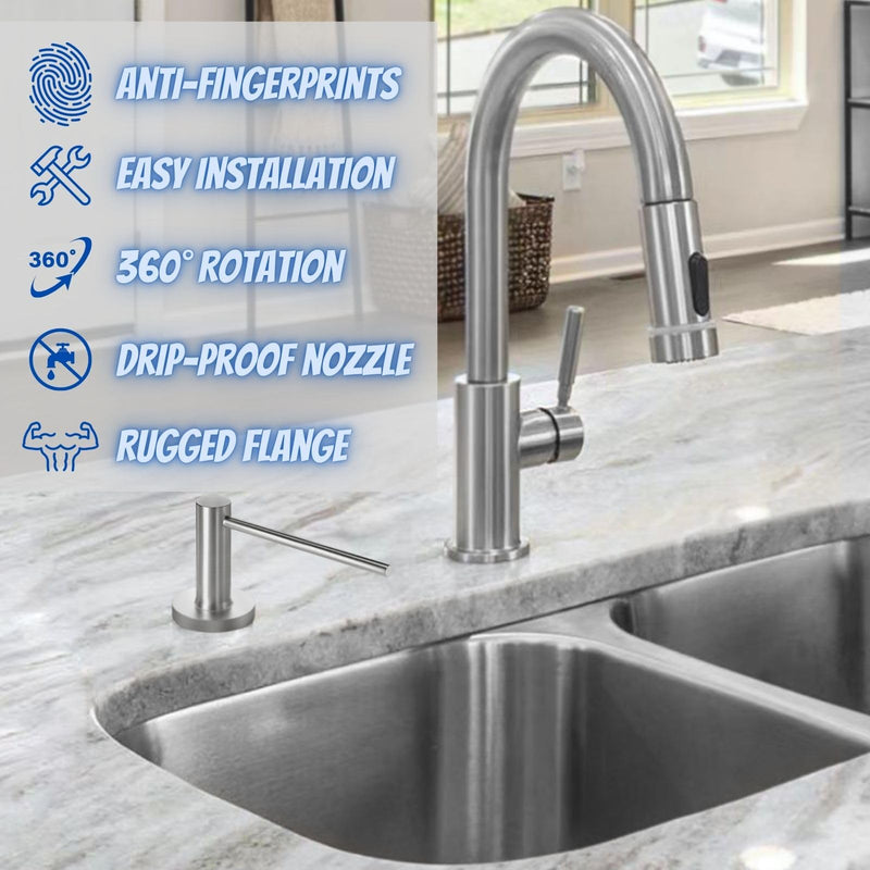  [AUSTRALIA] - Long Spout Kitchen Sink Soap Dispenser for Granite & Quartz Countertop - Brushed Nickel Stainless Steel Finished - Wide Flange Provides Great Coverage on American Standard Sink Holes 14.25 inches Brushed Stainless Steel