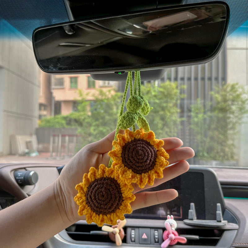2 Pieces Handmade Sunflower Car Accessories Sunflower Pendants Car Mirror Hanging Accessories