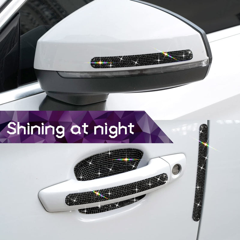 10PCS Car Door Handle Bling Rhinestones Stickers Universal Auto Door Handle Scratch Cover Guard Protective Film Pad with Safety Reflective Strips Black