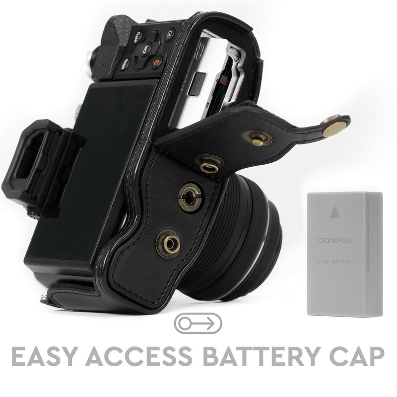 MegaGear MG636 Olympus OM-D E-M10 Mark II, E-M10 (14-42mm) Ever Ready Leather Camera Case and Strap - Black
