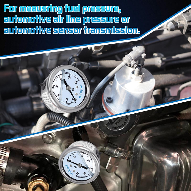 Boltigen Fuel Pressure Gauge, 3/8'' Barb Fuel Pressure Gauge Kit, 0-60psi Glycerin Filled Fuel Pressure Regulator with Gauge for Car, 1/8'' NPT Inline Fuel Pressure Guage with 1/4'' 3/8'' Converter