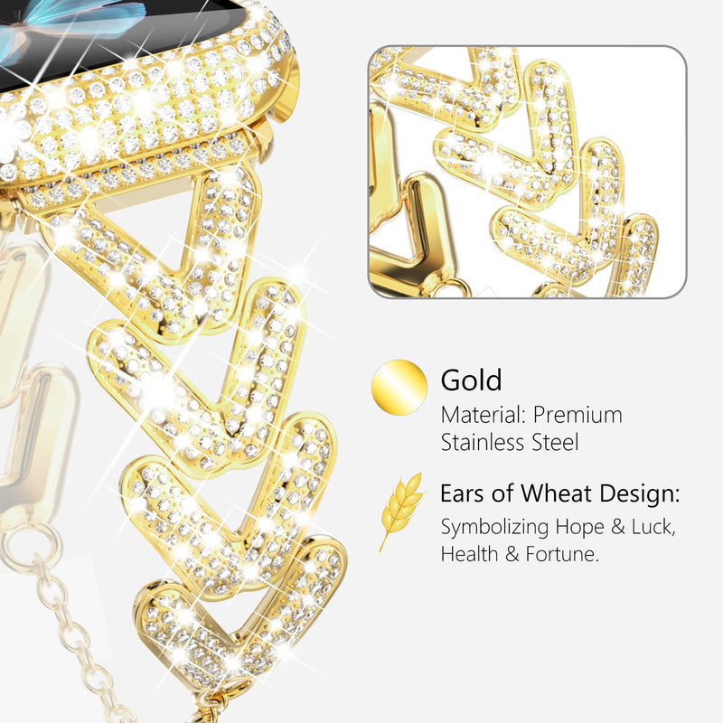 Wingle for Gold Apple Watch Bands 41mm for Women, iWatch Series 8 7 Stainless Steel Metal Band Luxury Diamond Bracelet Rhinestone Crystal Strap with Bling Screen Protector Case Dressy Chain,41 mm Gold