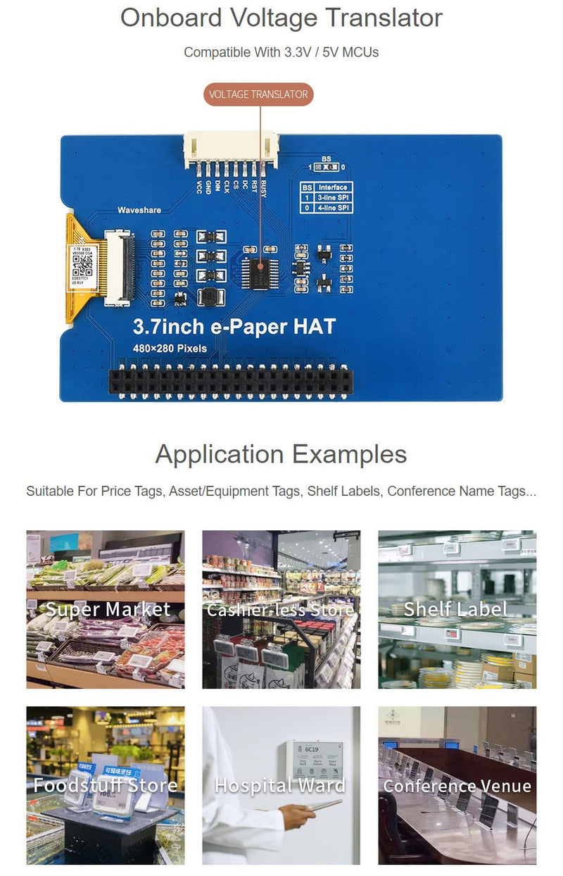 waveshare 3.7inch E-Paper E-Ink Display HAT Compatible with Raspberry Pi4B/3B+/3B/2B/B+/A+/Zero/Zero W/WH/Zero 2W 480×280 Pixels Black/White 4 Grey Scales SPI Interface Supports Partial Refresh 3.7inch e-Paper HAT
