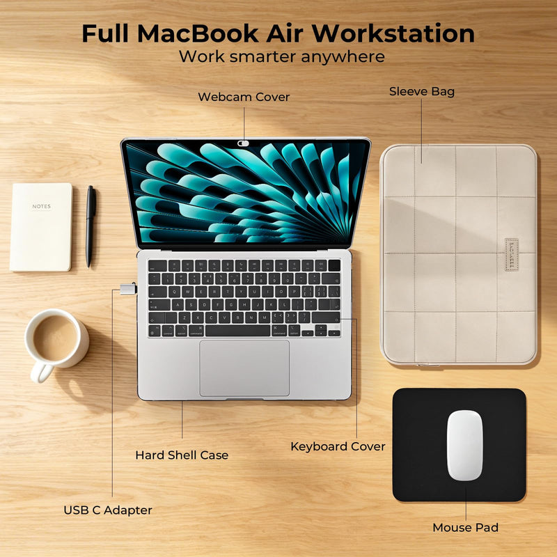 EooCoo for MacBook Air 13 inch Case M5 M4 M3 M2 2026-2022, Crystal Clear | 6-in-1 Essential Starter Kit, Scratch & Shock Resistant, Keep Original Look & Logo, Lightweight, For Campus, Office & Travel MacBook Air 13-inch
