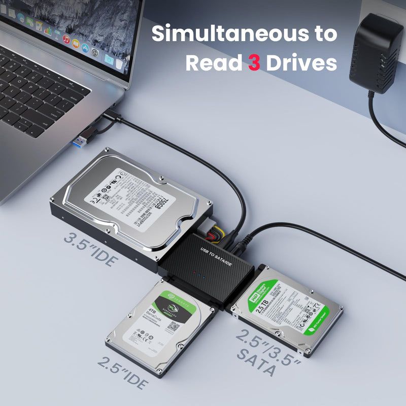 Hard Drive Reader USB 3.0 to SATA IDE Adapter，IDE SATA to USB + Type C External Hard Drive Adapter Data Recovery Converter Kit for Universal 2.5 3.5 HDD SSD Hard Drive Disk, with 12V/2A Power Adapter