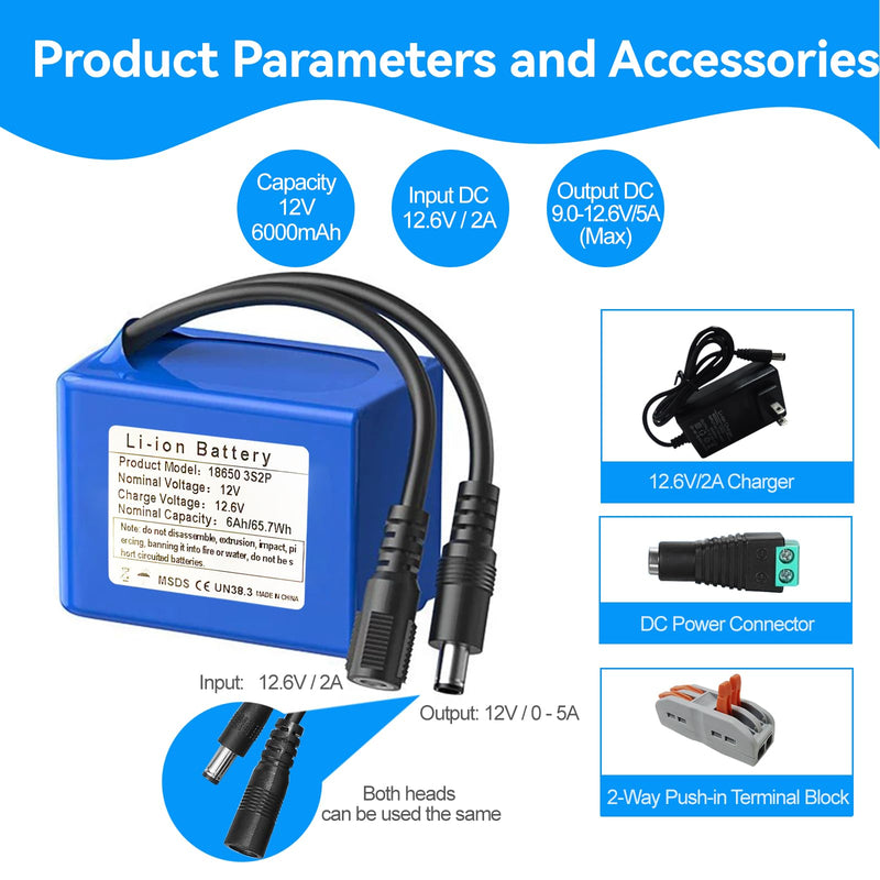 6000mAh 12V Lithium-Ion Battery Pack with Charger - Reliable Power Supply for RC Models Security Cameras Drones LED Projects Electronics & DIY Applications,DC5521 Output 12v 6Ah Battery