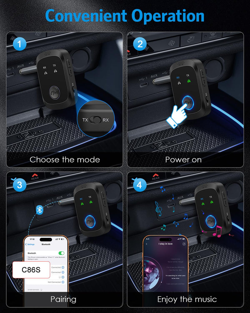 Bluetooth 5.4 Transmitter Receiver, 2-in-1 Car AUX Adapter | Wireless Bluetooth Adapter for Car with Hands-Free Calls, 3.5mm AUX Audio Adapter for TV/Car/Airplane /Home Stereo